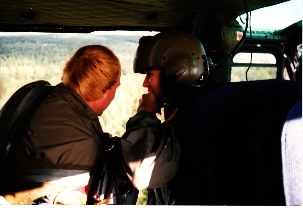 Daphna in a helicopter during a shoot