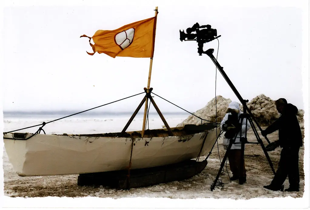 Setting up a shot by a whaling boat in the Arctic
