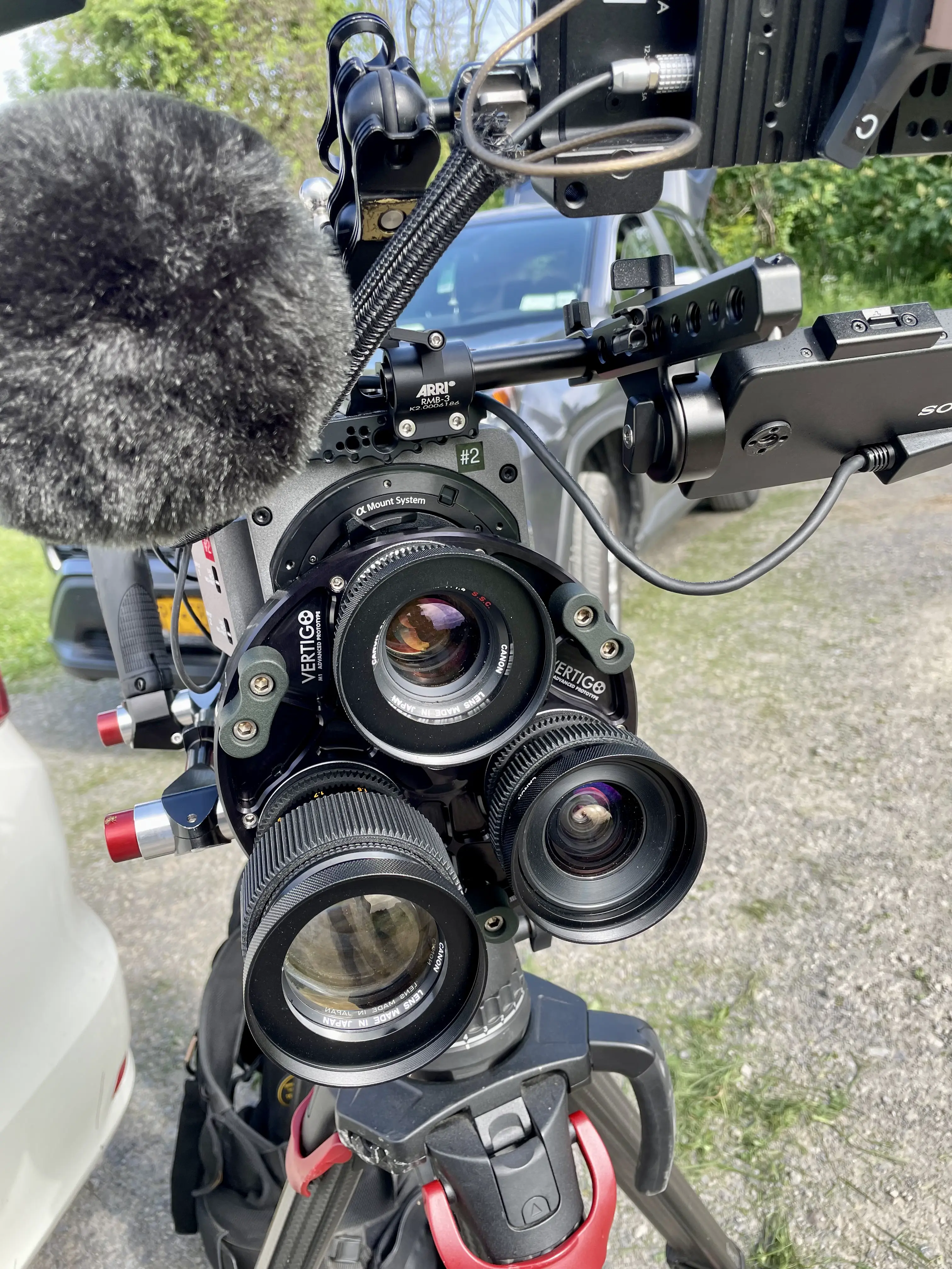 Close-up of cinema camera lenses and gear