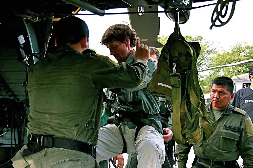 Gearing up for a helicopter ride in Colombia
