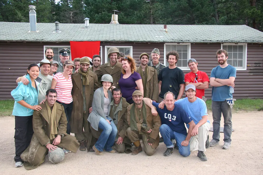 Cast and crew group photo on a film set