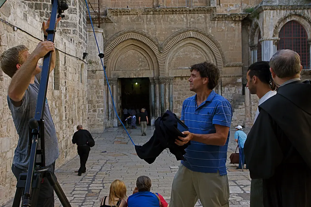 Setting up a shot outside the Church of the Holy Sepulchre
