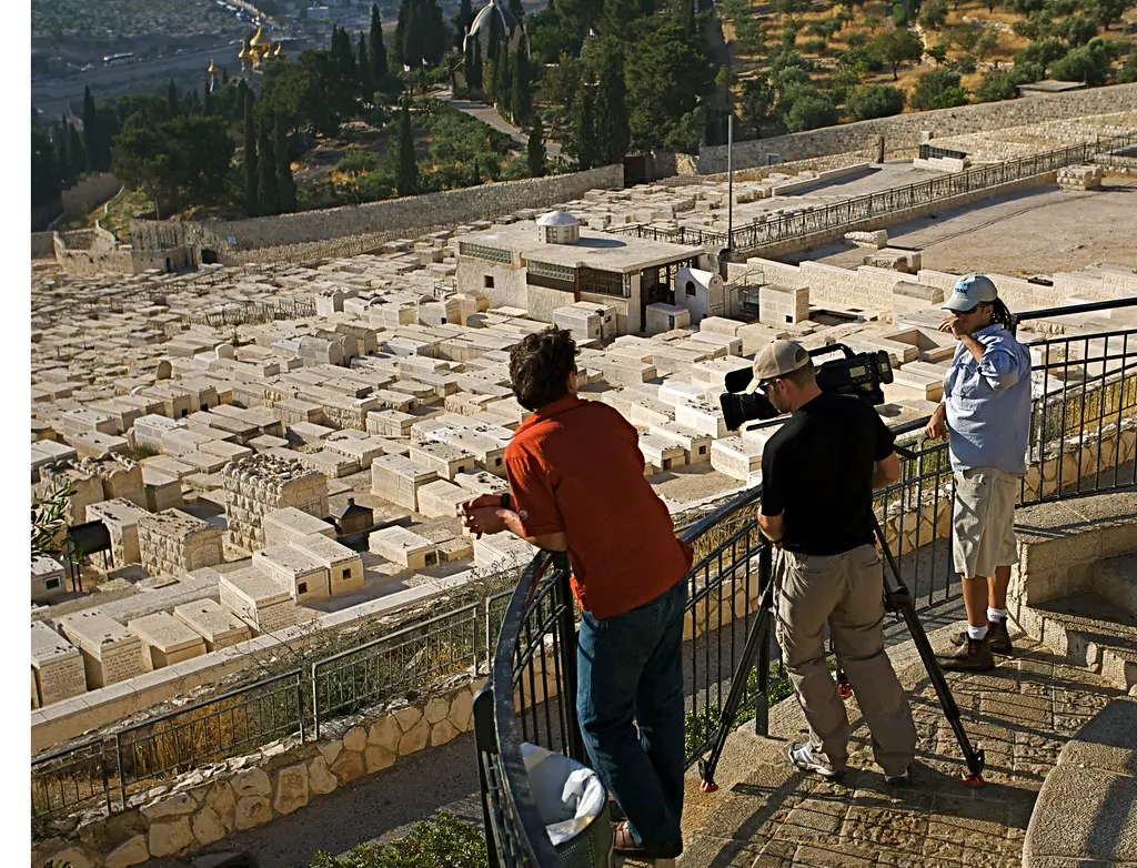 Crew filming overlooking Jerusalem