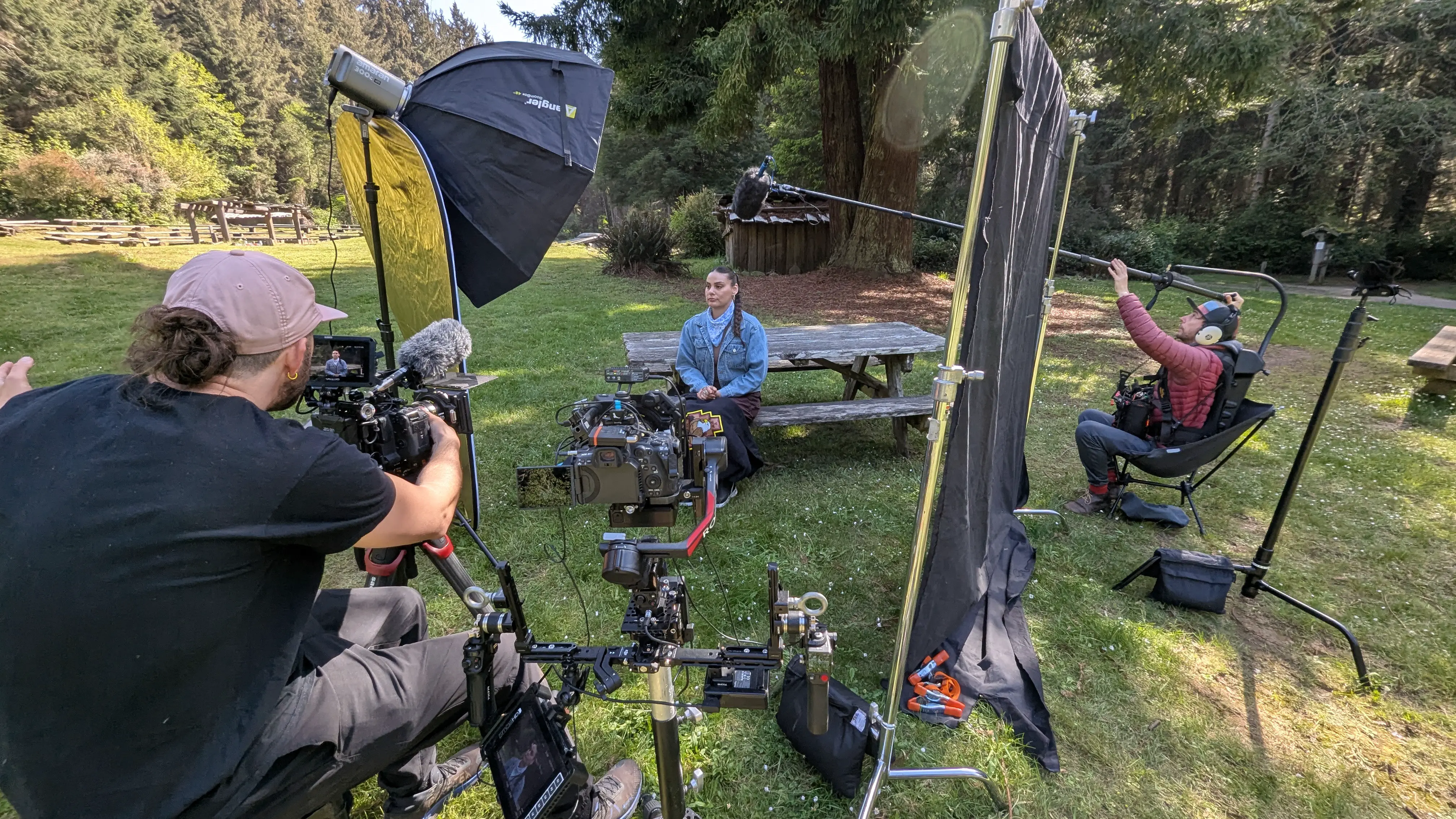 Crew setting up an outdoor interview in a park