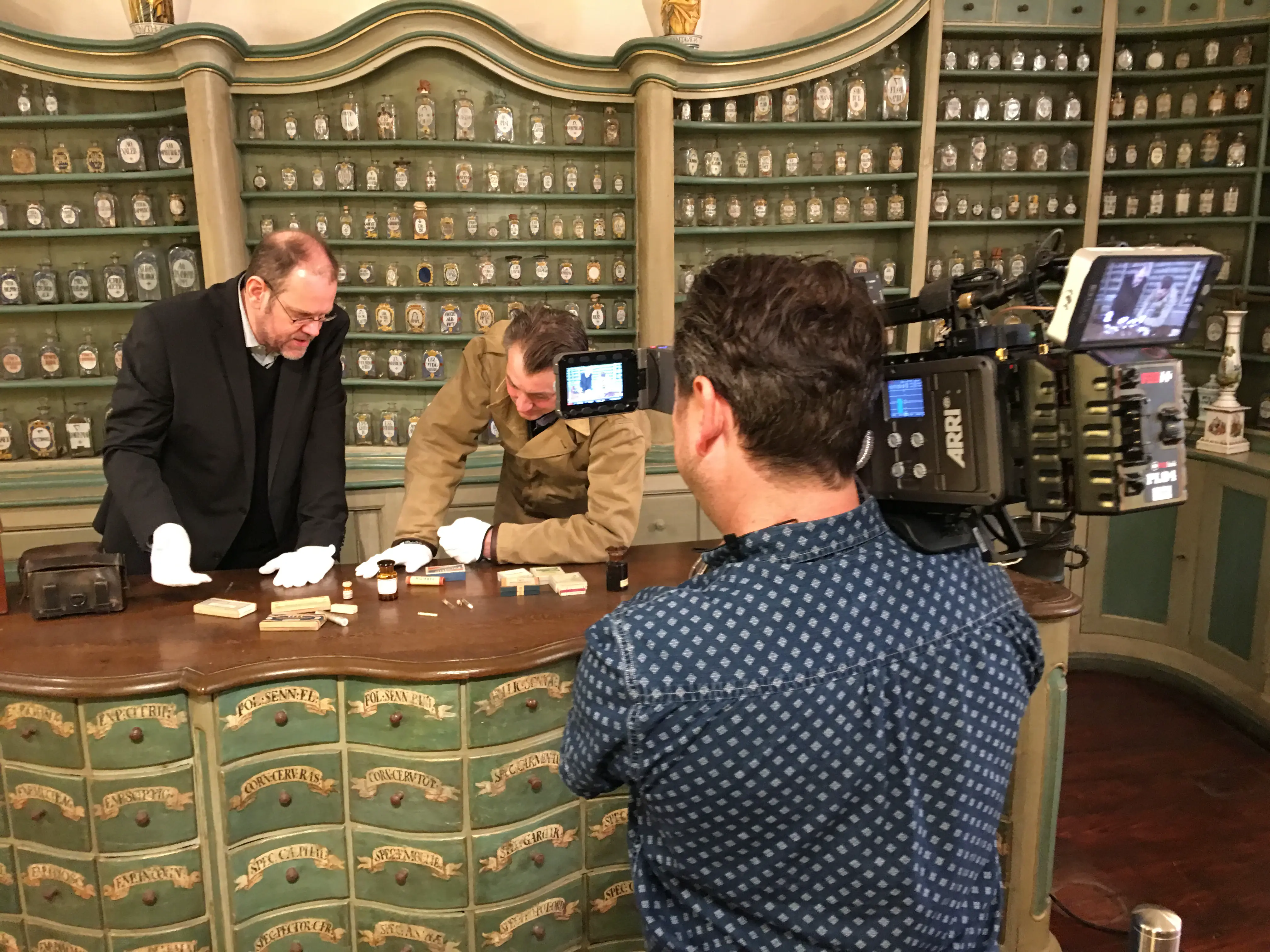 Filming in a historic European pharmacy